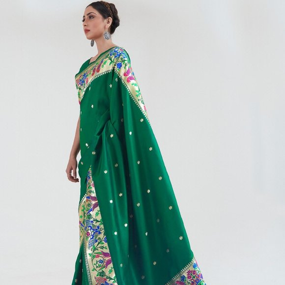 JHEAPS LEAF GREEN SOFT SILK PAITHANI FESTIVE WEAR FLORAL SAREE - Picture 2 of 4